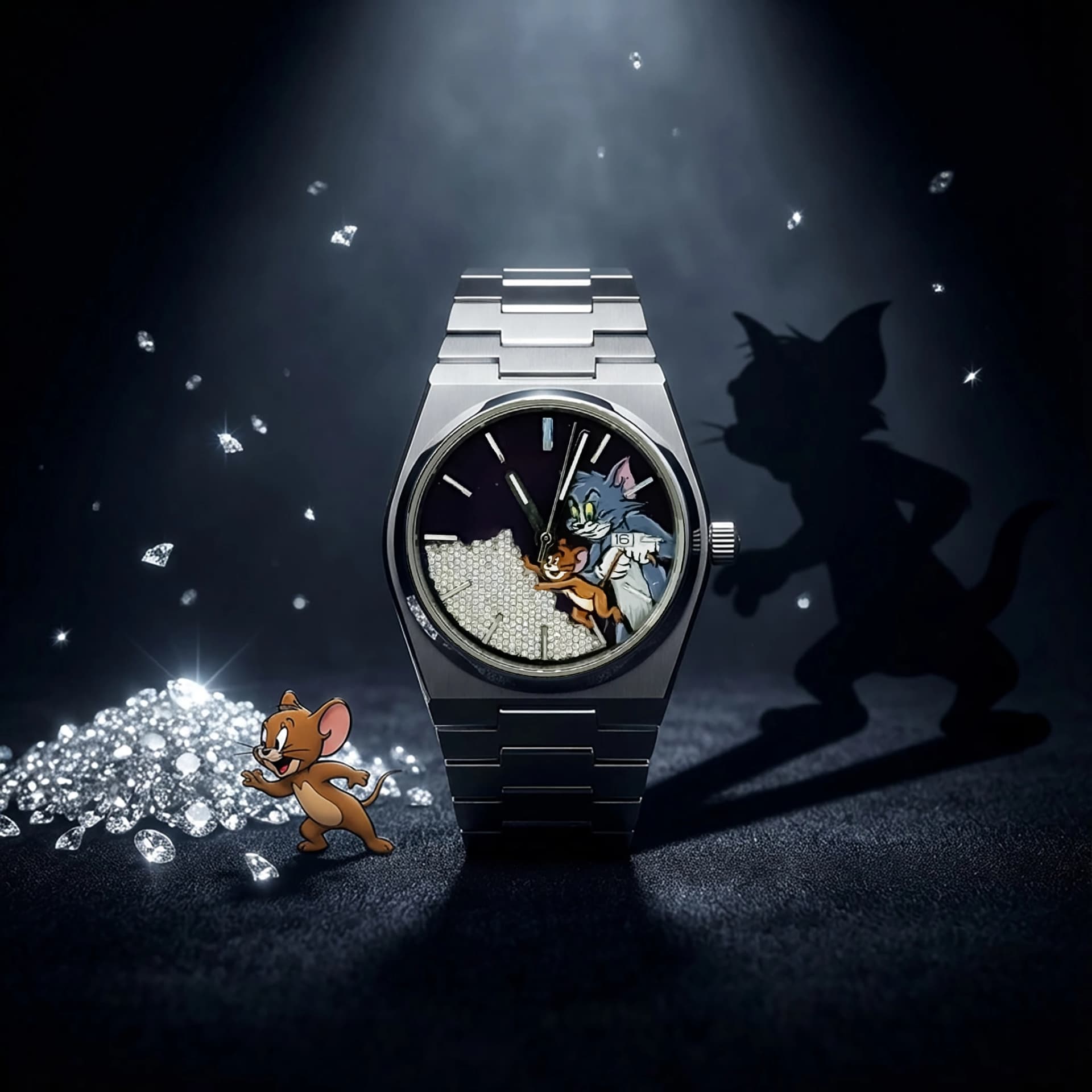 Tom and Jerry custom watch dial with lab grown diamond